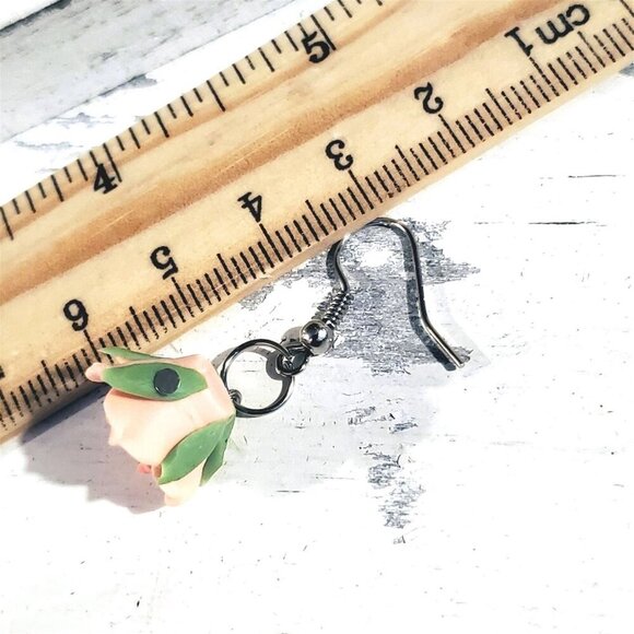 Pink Rose Flower Bead Handcrafted Fimo Polymer Clay Dangle Earrings - Picture 5 of 6
